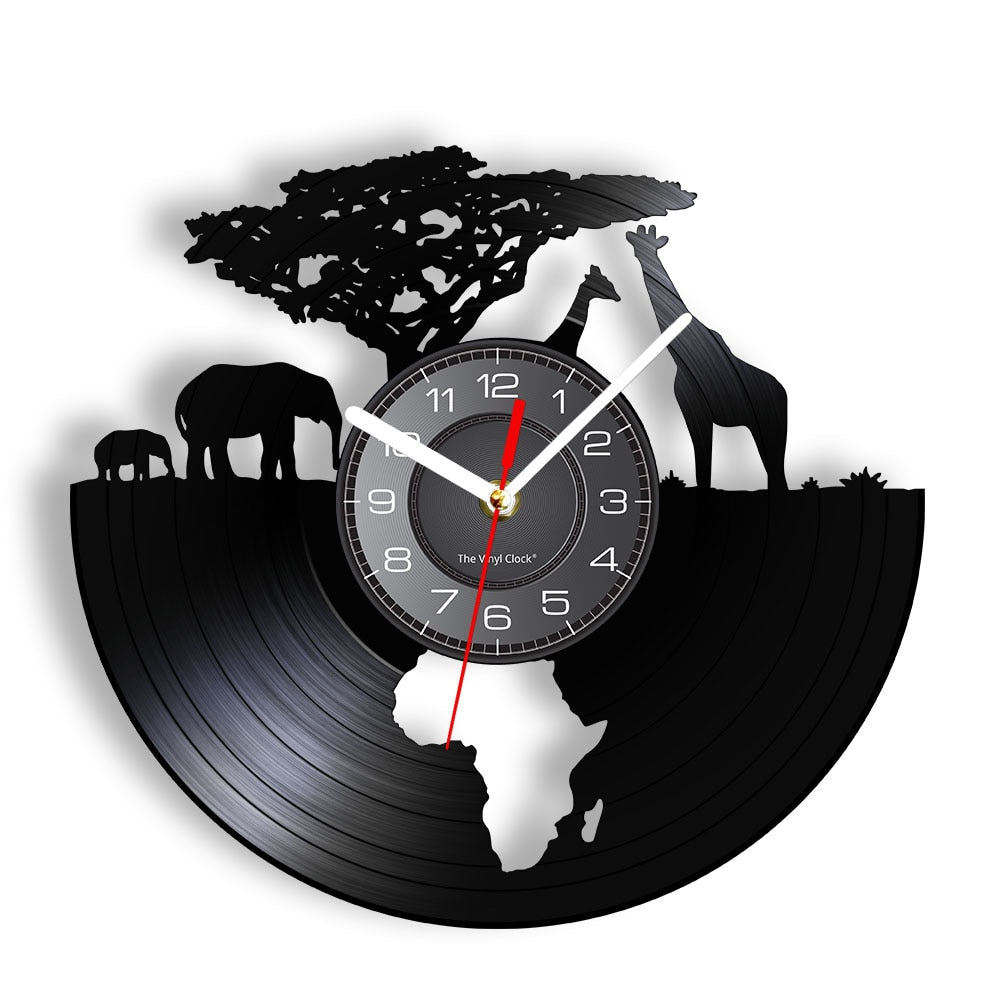 African Elephant and Giraffe Record Wall Clock A - Available With or Without LED Light