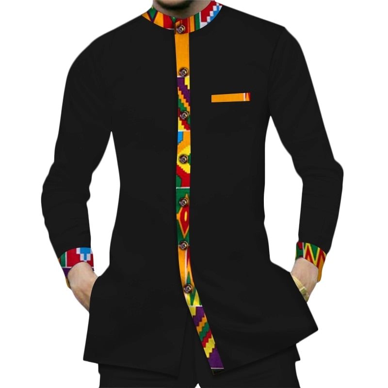 100% Cotton Shirt with Dashiki Print Detail - Available in Black or White