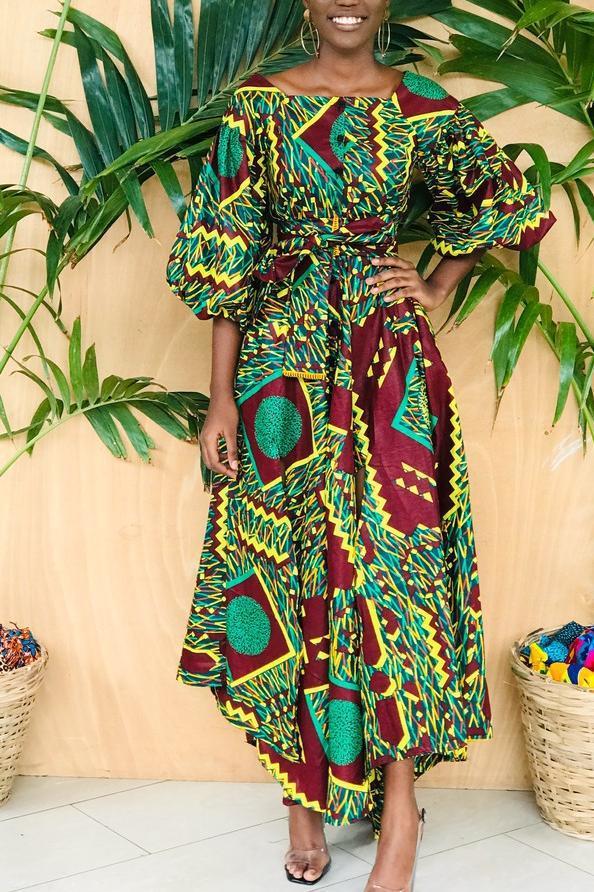 African Print Puff Sleeve Maxi Dress with Side Split