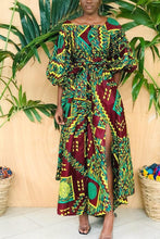 Load image into Gallery viewer, African Print Puff Sleeve Maxi Dress with Side Split
