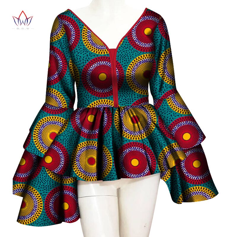 African Print Cotton Long Sleeve V-neck Top - Various Colours Available in UK Sizes 8 - 22