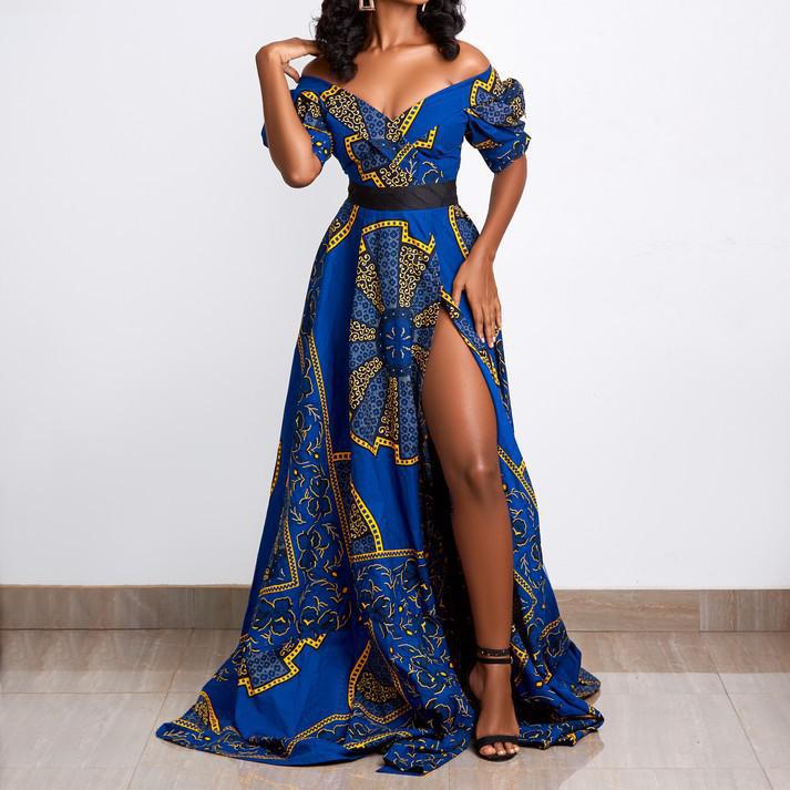 African Print V-neck High-waist Maxi Dress - Also Available in Blue