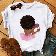 Load image into Gallery viewer, Melanin Poppin White Logo T-shirt - Woman Holding Roses Design

