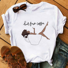 Load image into Gallery viewer, Melanin Poppin White Logo T-shirt - But first Coffee Design
