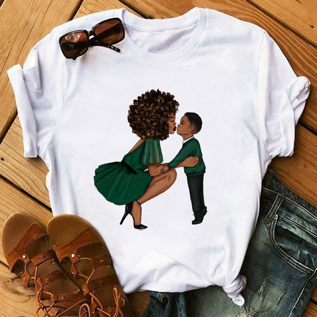 Melanin Poppin White Logo T-shirt - Mother and Son in Green Design