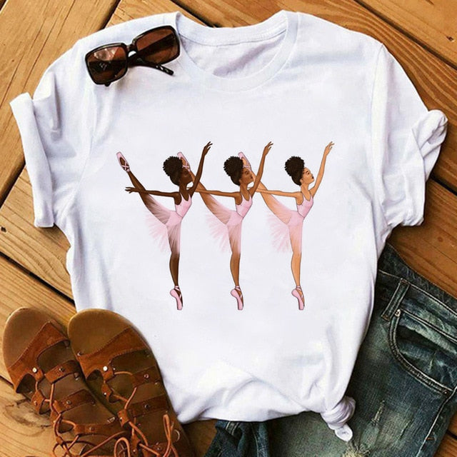 Melanin Poppin White Logo T-shirt - Three Ballerinas Design