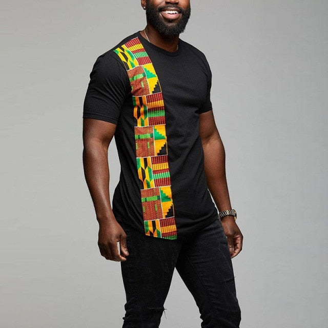 Men's Cotton T-shirt with Dashiki Print Detail - Available in Black or Navy Blue