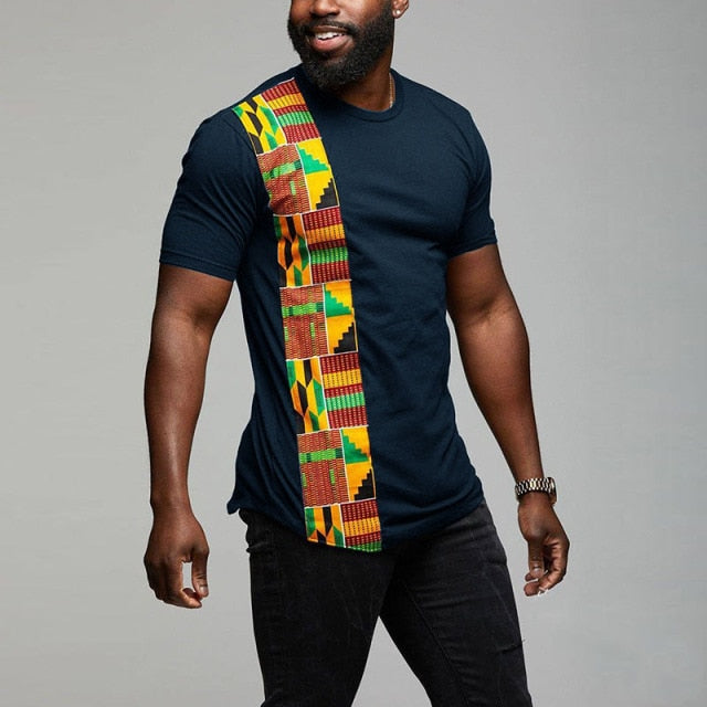 Men's Cotton T-shirt with Dashiki Print Detail - Available in Black or Navy Blue