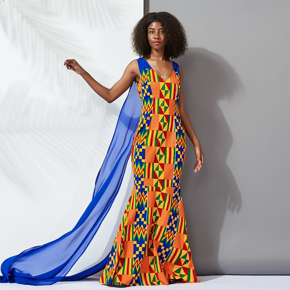 Dashiki Pint Full-length Maxi Dress with Blue Accent