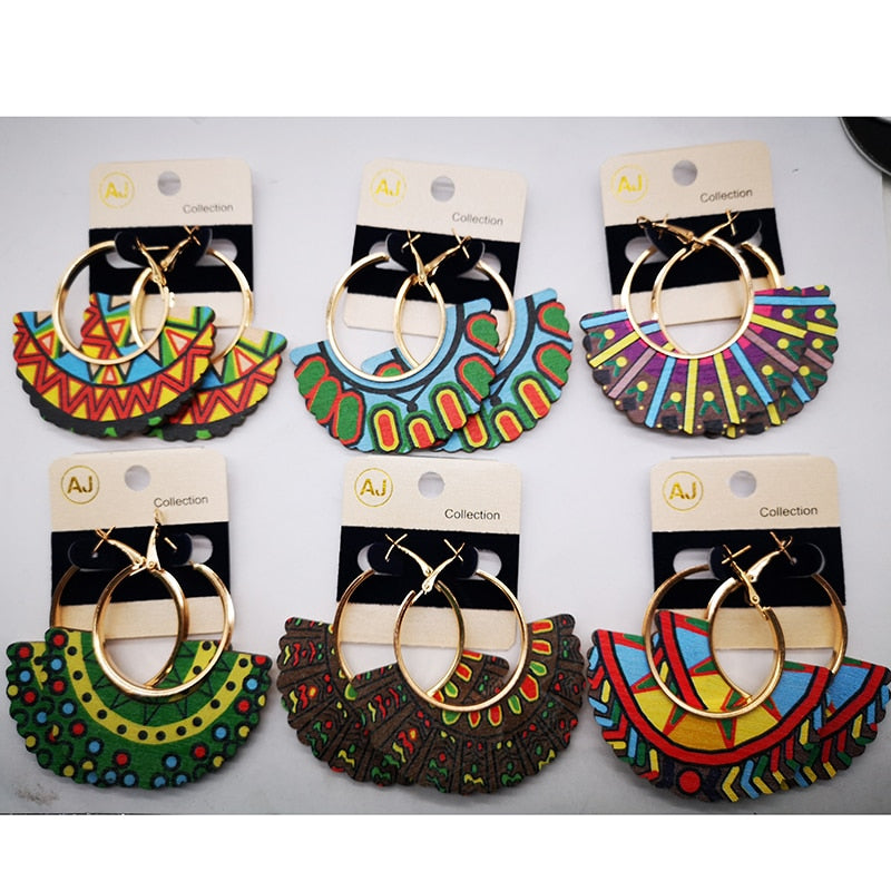 Mixed African Print Wooden Hoop Earrings - 5 Pairs
